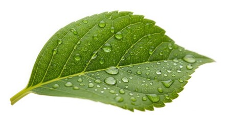 Single green leaf with glistening water droplets after rain a symbol of nature's purity and renewal