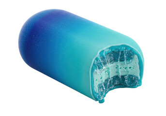 An artisanal gourmet frozen dessert bar, elongated oval, vibrant blue gradient, dewy, perfect bite reveals soft icy blue interior, isolated on gray, Concept of luxurious frozen dessert