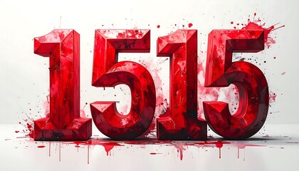 Bold red numbers, 3D effect, splattered