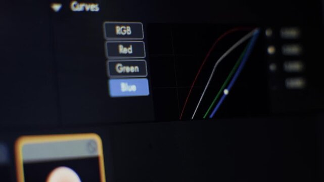 Video Editor Adjusting Color Curves Panel In Software. Digital Grading Tools. Postprocessing Studio Workspace