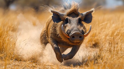 Warthog Hurtling Through Dry Grassland