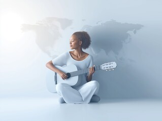 African American woman playing acoustic guitar while sitting on the floor, with a soft world map background, creating a serene and artistic atmosphere for music lovers