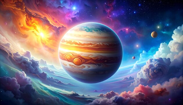 A vibrant depiction of a planet in a colorful nebula - Powered by Adobe