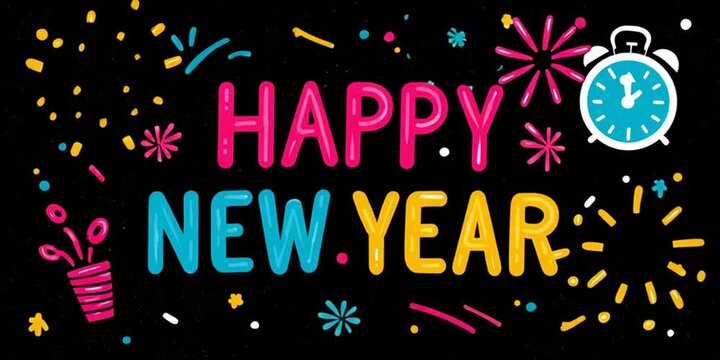 Happy New Year: A vibrant and colorful digital illustration bursts with celebratory elements, conveying a message of hope and joy with fireworks and clock .