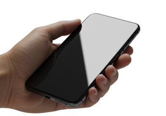 Sleek obsidian-black smartphone with luminous blank screen, multi-lens camera, metallic edges, gripped by light-skinned hand, isolated on transparent, dramatic studio lighting, advanced technology
