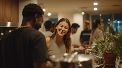 A young black man and a young Caucasian woman smile at each other in a lively kitchen setting. Other people are engaged in conversation in the background.