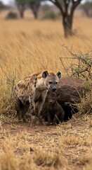 Fototapeta premium Hyena family bonding in african savanna wildlife portrait capturing maternal care and natural