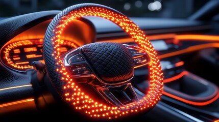 Illuminated car interior, night driving, dashboard, glowing lights, modern vehicle, automotive design, stock photo