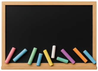 A Black Chalkboard with a Wooden Frame and Colorful Chalk Sticks Scattered Below blackboard isolated on a transparent background