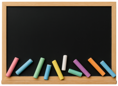 A Black Chalkboard with a Wooden Frame and Colorful Chalk Sticks Scattered Below blackboard isolated on a transparent background - Powered by Adobe