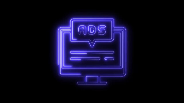 Neon computer screen displaying ads graphic glowing digital advertising concept with black background
