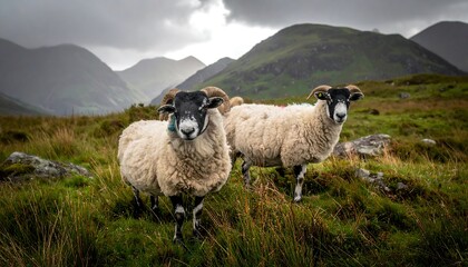 Obraz premium Two sheep in a grassy mountain landscape