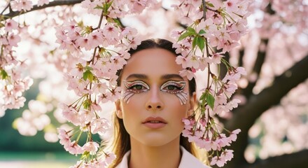 Naklejka premium Woman's face framed by soft pink cherry blossoms, glitter eye makeup