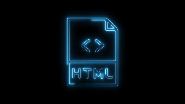 Glowing html file icon animation representing web development and digital programming on black background