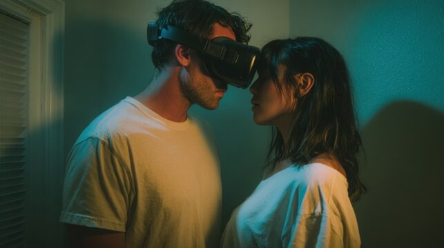 A young Caucasian man and a young Asian woman are close together, both wearing virtual reality headsets. The room is dimly lit with a blue hue.