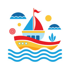 Fototapeta premium boat sailing on the ocean with waves and sun