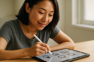 Woman drawing creative icons on digital tablet using stylus pen in bright room with soft light background, concept of digital design work. Ai generative