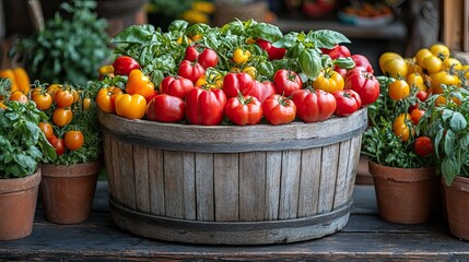 Abundant Harvest: Fresh Tomatoes and Basil Displayed in Rustic Wooden Barrel and Clay Pots
