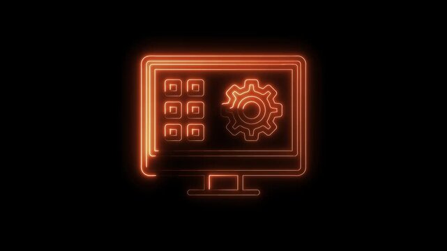 Neon computer icon animated graphic displaying application grid and gear setup settings process