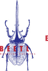 Hercules Beetle Long Horn Illustration Top Down. Blue Vintage Engraving. Red Text, Dynastes hercules. High Contrast Entomology T-Shirt Graphic.