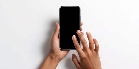Hands scrolling a black screen smartphone mockup