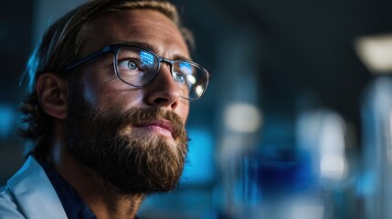 Obraz premium A young Caucasian man with a beard and glasses looks thoughtfully in a laboratory setting. The background is blurred, emphasizing his focused expression.