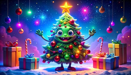 Festive animated christmas tree with gifts and colorful fireworks display