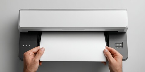 Hands inserting blank paper into office printer