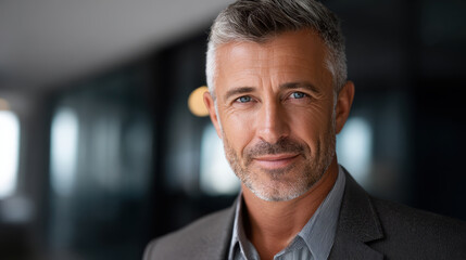 Fototapeta premium Confident mature man with gray hair and beard wearing suit jacket and shirt, looking directly with calm expression