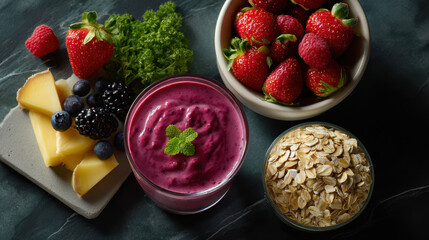 Berry smoothie with fresh strawberries, oats, cheese, and assorted berries on dark surface, healthy breakfast