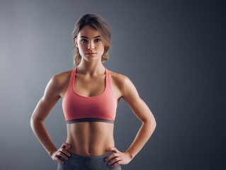 Athletic woman in a pink sports bra and gray leggings stands confidently with hands on hips, showcasing strength and determination against a soft gradient background