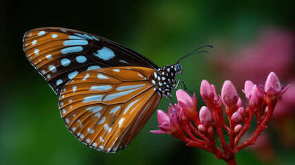 Butterfly with orange and blue wings feeding on pink flower in natural green background