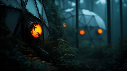 Illuminated geodesic domes in a misty forest