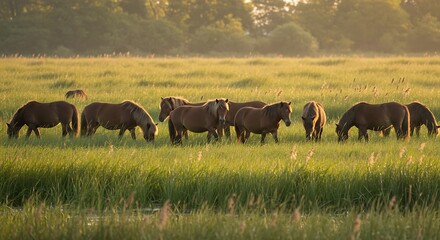 Horses grazing peacefully in a sunlit meadow with lush green grass and distant trees creating a