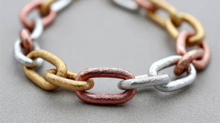 Obraz premium Multicolor metal chain with textured links in gold, silver, and copper tones on smooth surface, showing strength and connection