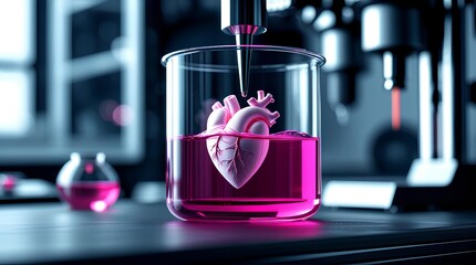 A 3D-printed heart suspended in a pink liquid within a transparent container