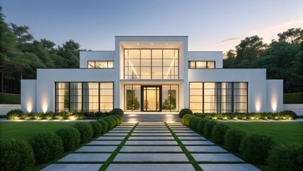 Modern luxury white mansion with large glass windows and landscaped gardens at dusk