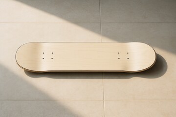 Minimalist blank skateboard deck lying on tiled floor under soft natural light, showcasing modern hobby concept and stylish background design. Ai generative