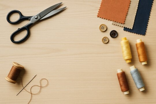 Sewing tools, fabric swatches, and thread spools on wooden table background with copyspace for design or poster template concept mockup. Ai generative - Powered by Adobe