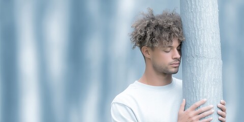 Young man with curly hair embraces a tree in a serene forest setting, showcasing a deep connection with nature and promoting environmental awareness and harmony