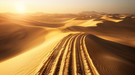 Tire tracks winding through desert sand dunes at sunset