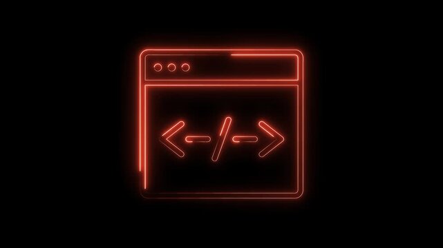 Neon style coding window animation on black background for technology software and applications