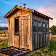 Wooden shed at sunset