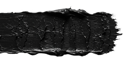 Broad black impasto brush stroke, extreme macro close-up, with torn, fibrous texture on transparent, dramatic raking light & shadows, concept of raw paint texture.