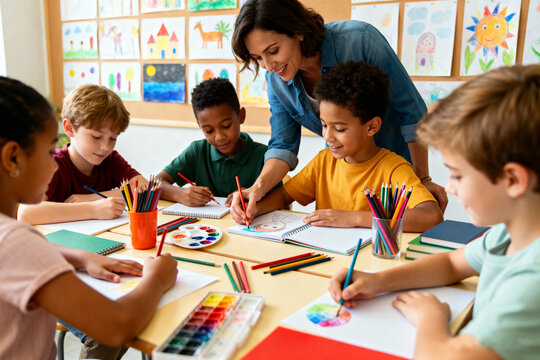 Elementary students painting and sketching in classroom guided by supportive teacher