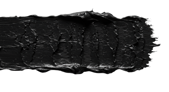 Broad black impasto brush stroke, extreme macro close-up, with torn, fibrous texture on transparent, dramatic raking light & shadows, concept of raw paint texture.