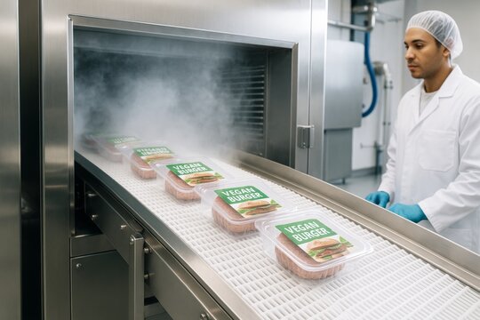 Vegan burger production line with food technician monitoring packaging under cold steam in modern food industry facility background. Ai generative - Powered by Adobe