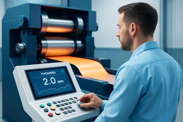 Technician operating industrial control panel for metal thickness measurement in modern factory environment, focused on precision and quality.. Ai generative
