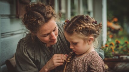 A young Caucasian woman with curly hair braids the hair of a young girl with light brown hair. They are outdoors near flowers, showcasing a nurturing moment.
