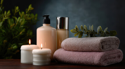 Soft towel stack with lotion bottles and lit candles creating calm and cozy spa atmosphere with green leaves